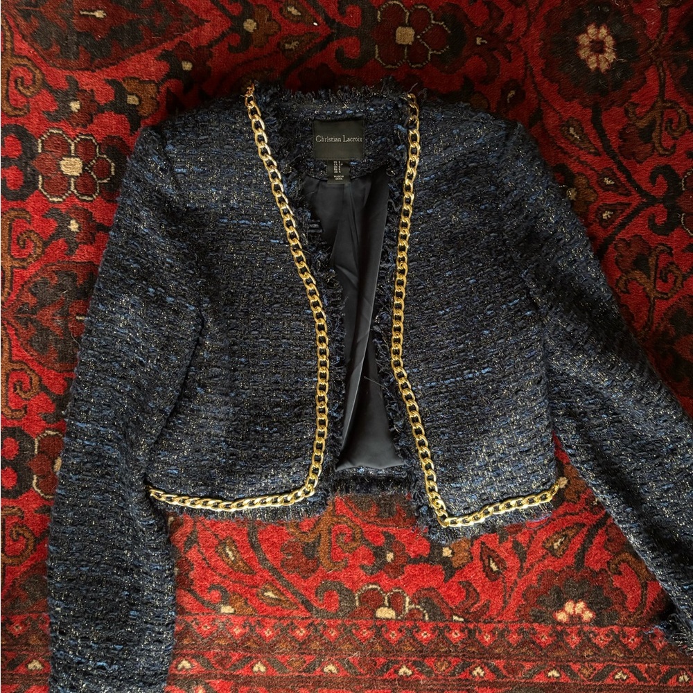 Christian Lacroix Navy Tweed Blazer with Gold Chain Trim